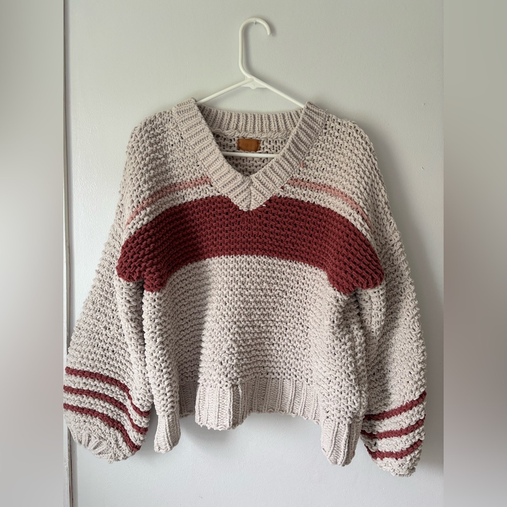 POL Medium Beige Sweater Chunky Knit Baloon Sleeves Boho Hippie Oversized Thick